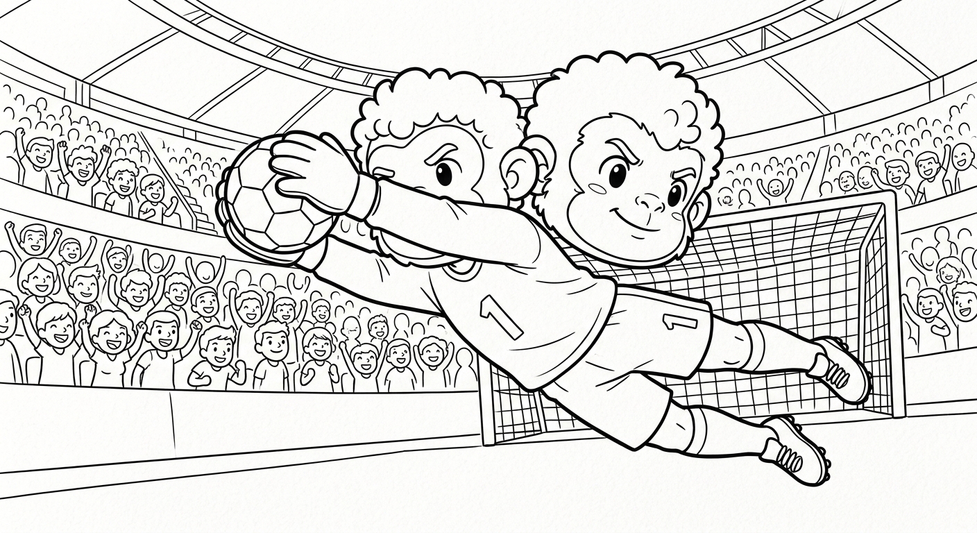 Desenho de Alisson para colorir, goleiro defendendo com mergulho heroico no estádio lotado