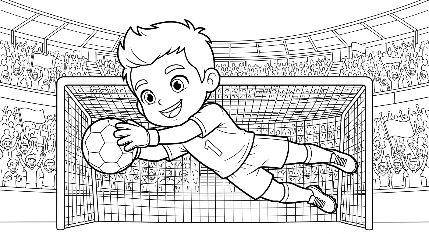 Desenho para colorir do goleiro Alisson em close comemorando defesa de mergulho no estádio lotado para pintar
