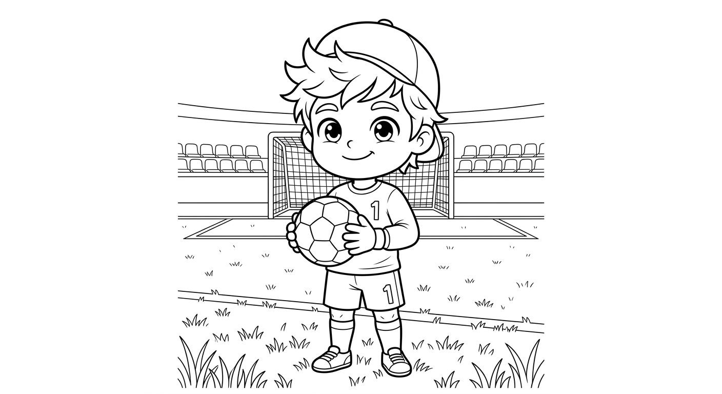 Desenho para colorir do goleiro Alisson segurando bola no peito no gramado do estádio para pintar