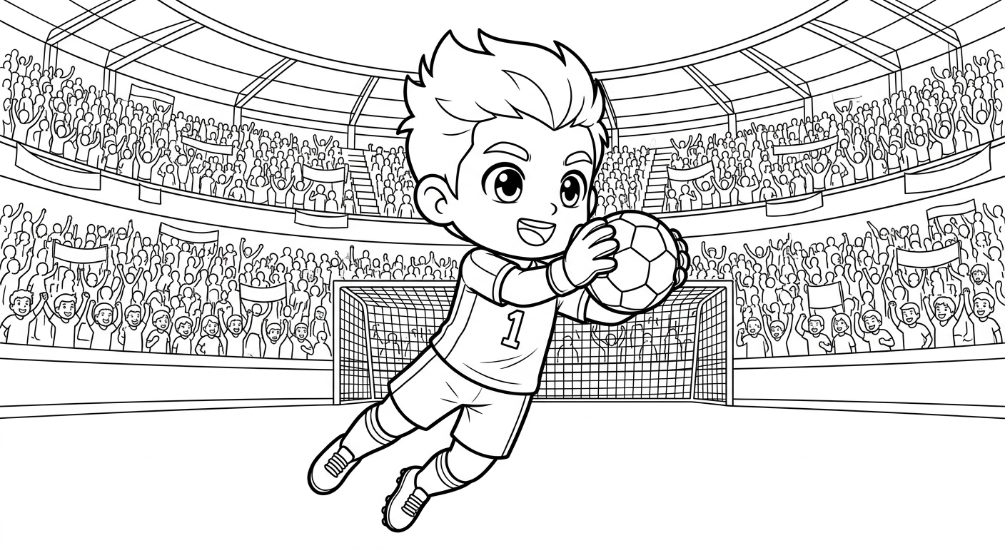 Desenho para colorir do goleiro Alisson saltando no estádio lotado, segurando a bola no peito para pintar