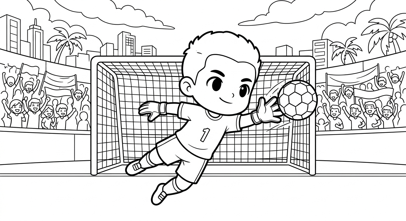 Desenho para colorir do goleiro Alisson saltando em defesa no pênalti com torcida ao fundo