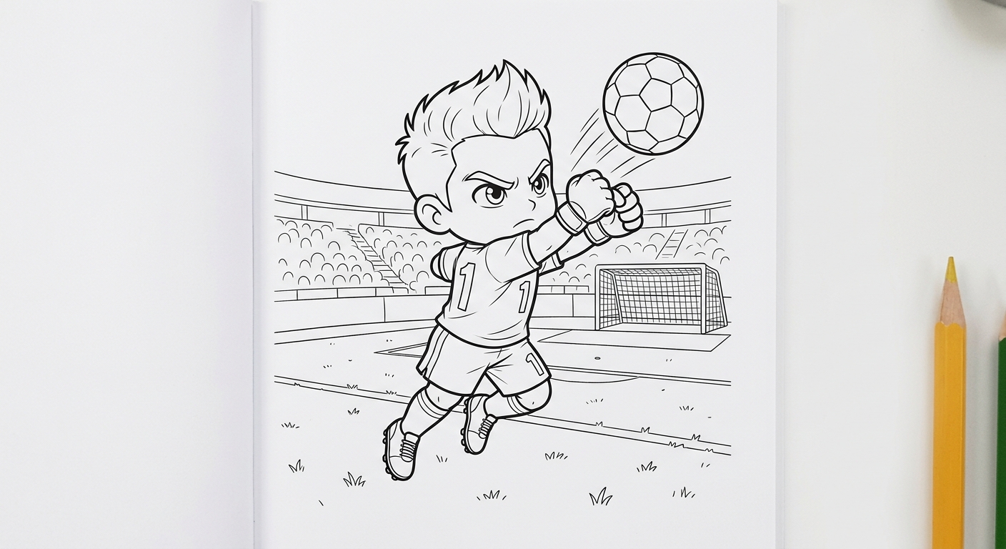Desenho para colorir do goleiro Alisson centralizado socando a bola para longe no estádio para pintar