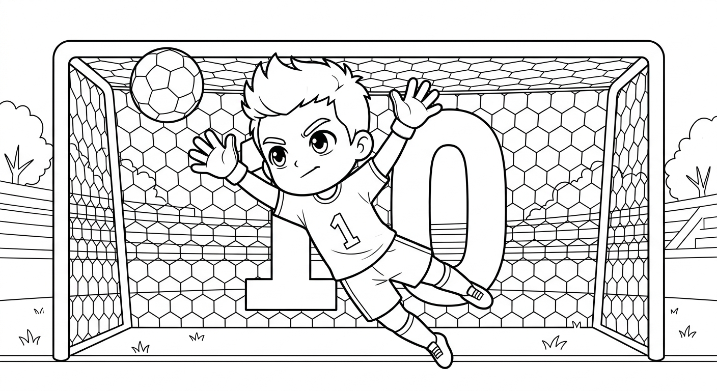 Desenho para colorir do goleiro Alisson saltando ao ângulo do gol, número gigante atrás, para pintar