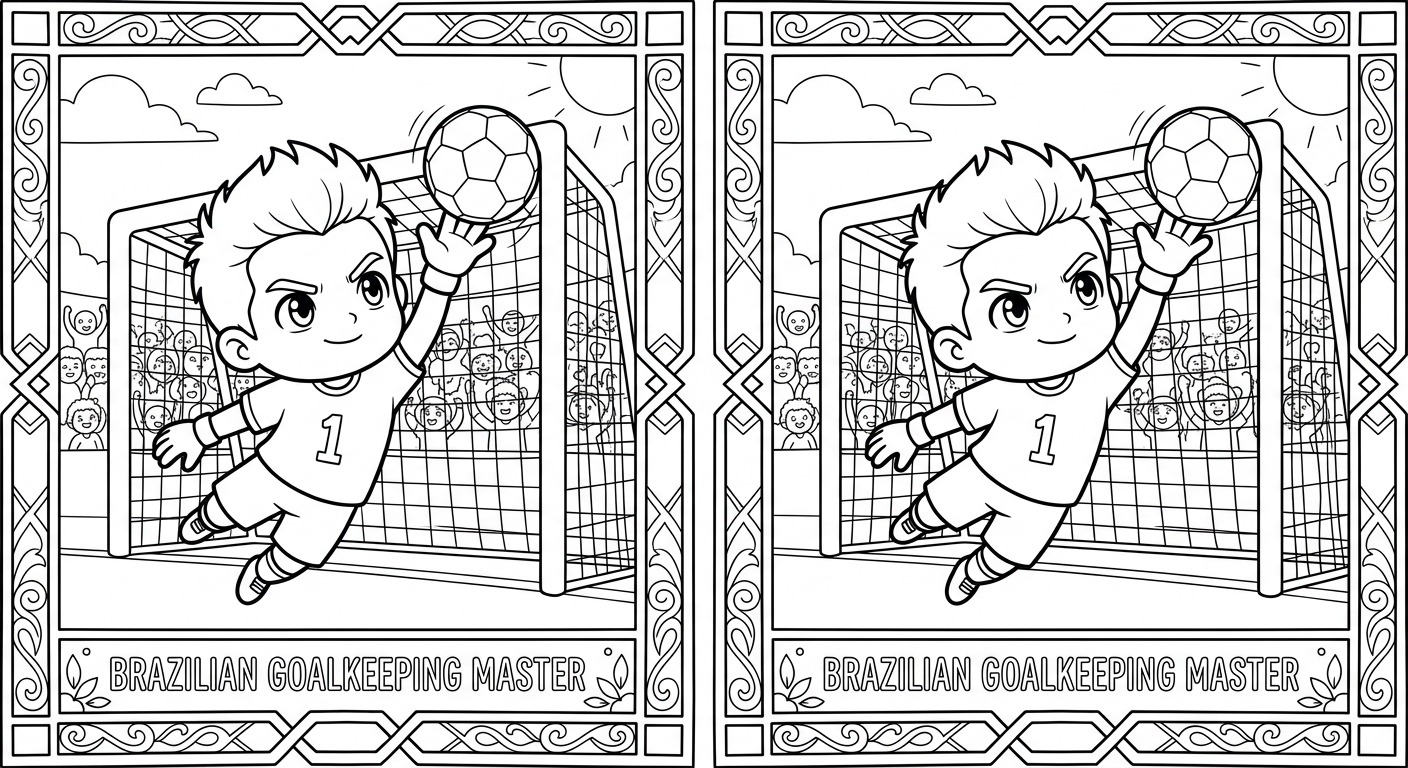 Desenho para colorir do goleiro Alisson saltando ao canto superior em pênalti com torcida ao fundo