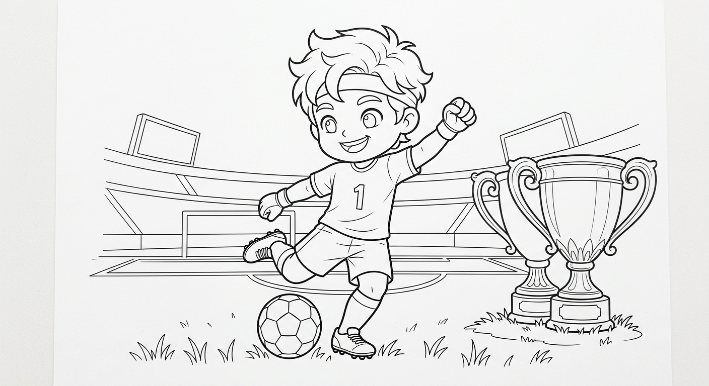 Desenho para colorir do goleiro Alisson batendo tiro de meta com troféu ao lado para pintar