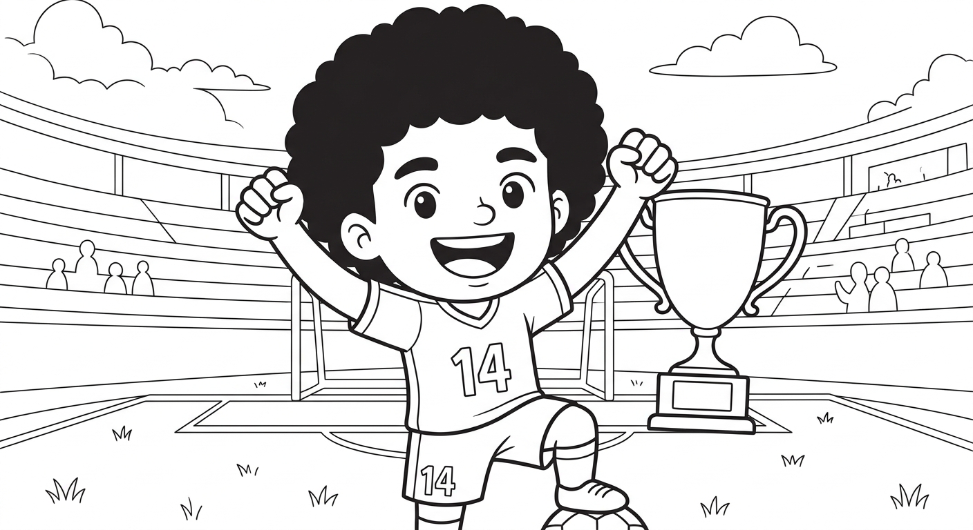 Desenho para colorir do zagueiro Bremer comemorando com bola sob o pé e troféu ao lado