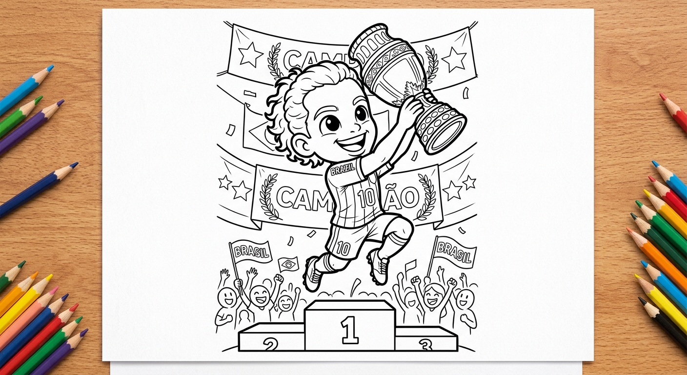 Desenho para colorir do zagueiro Bremer saltando e erguendo troféu no pódio de premiação para imprimir