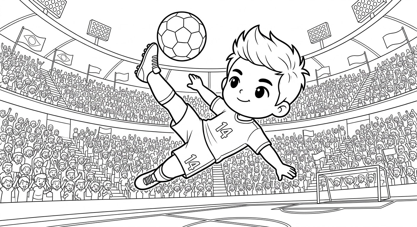Desenho para colorir do zagueiro Bremer fazendo bicicleta acrobática em estádio lotado, visto de baixo para pintar