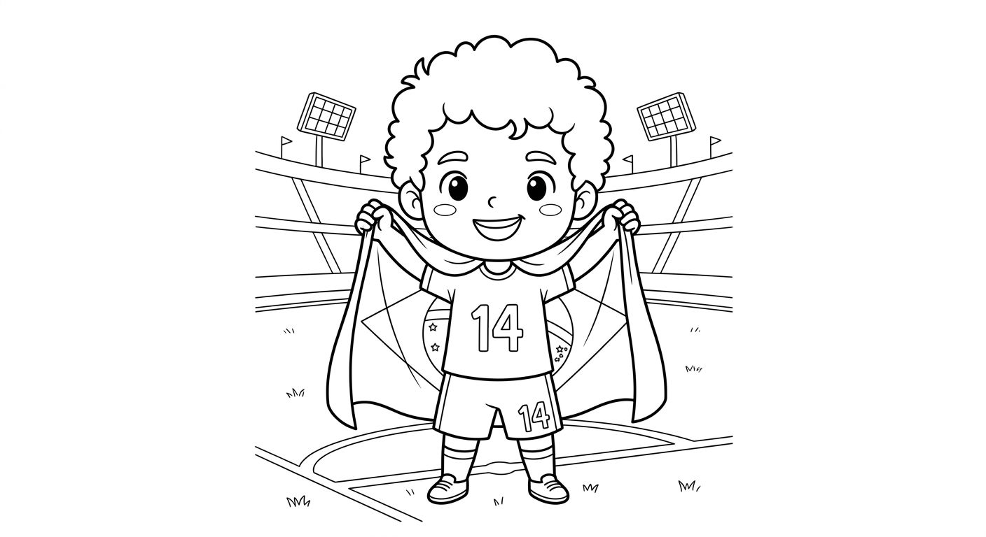 Desenho para colorir do zagueiro Bremer em close segurando a bandeira no gramado do estádio para pintar
