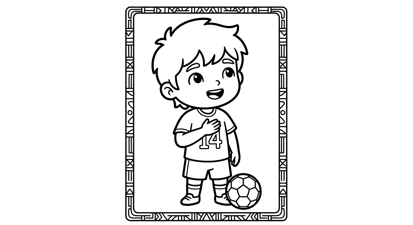 Desenho para colorir do zagueiro Bremer cantando o hino com mão no peito, bola e estrelas para pintar