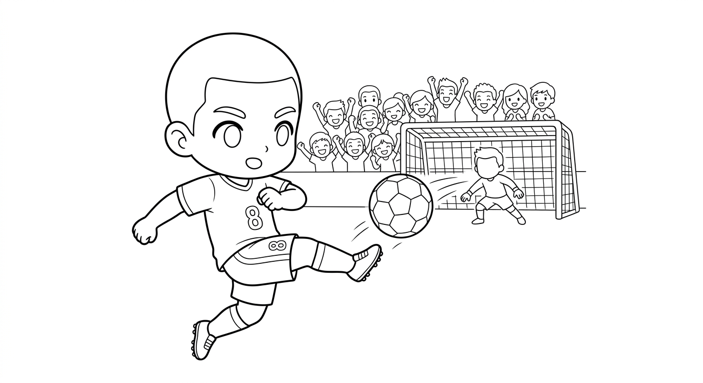 Desenho para colorir do meia Bruno Guimarães chutando pênalti com força no salto, torcida ao fundo para pintar