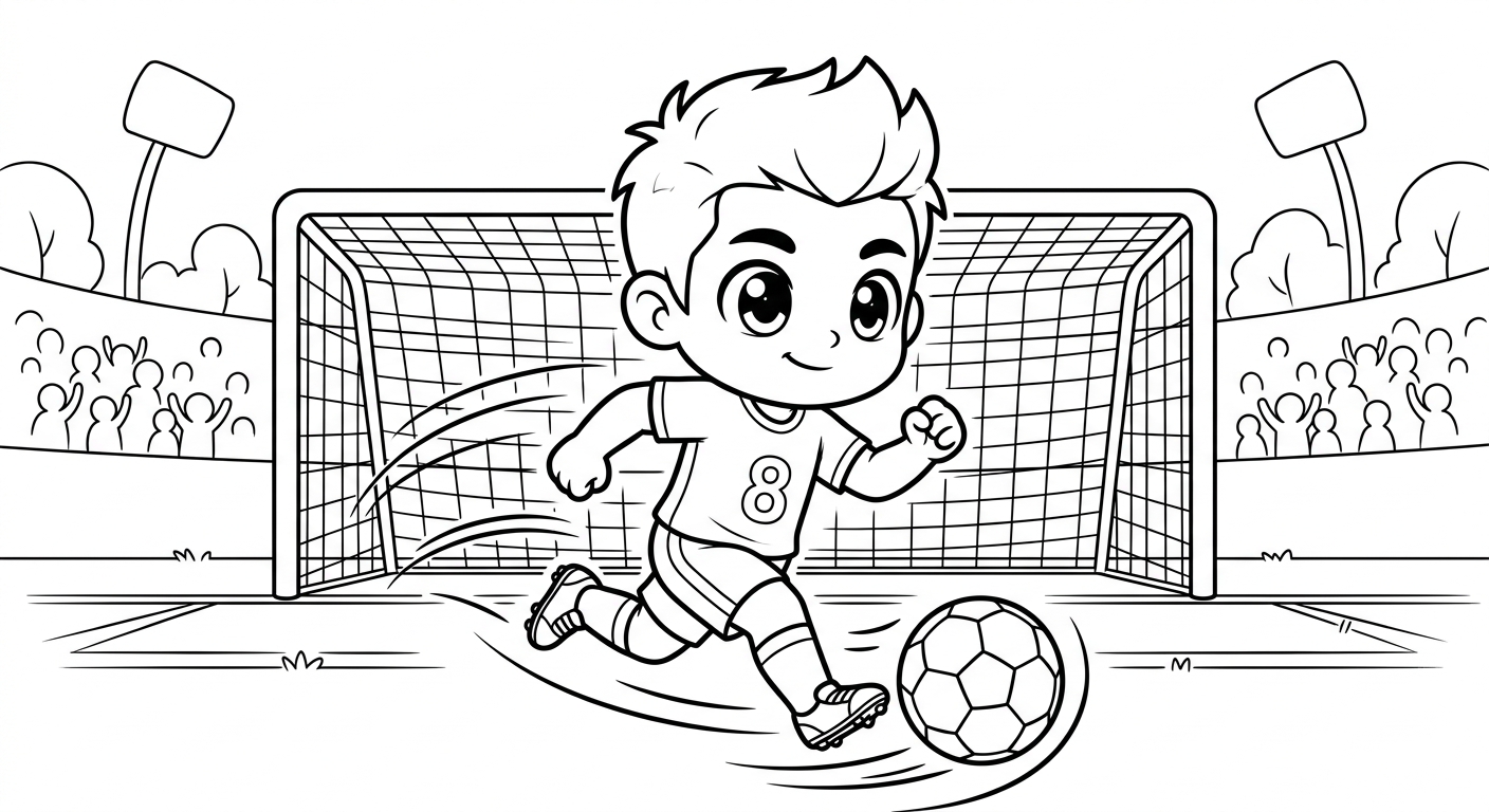 Desenho para colorir do meia Bruno Guimaraes em disparada com a bola saltando diante do gol para pintar