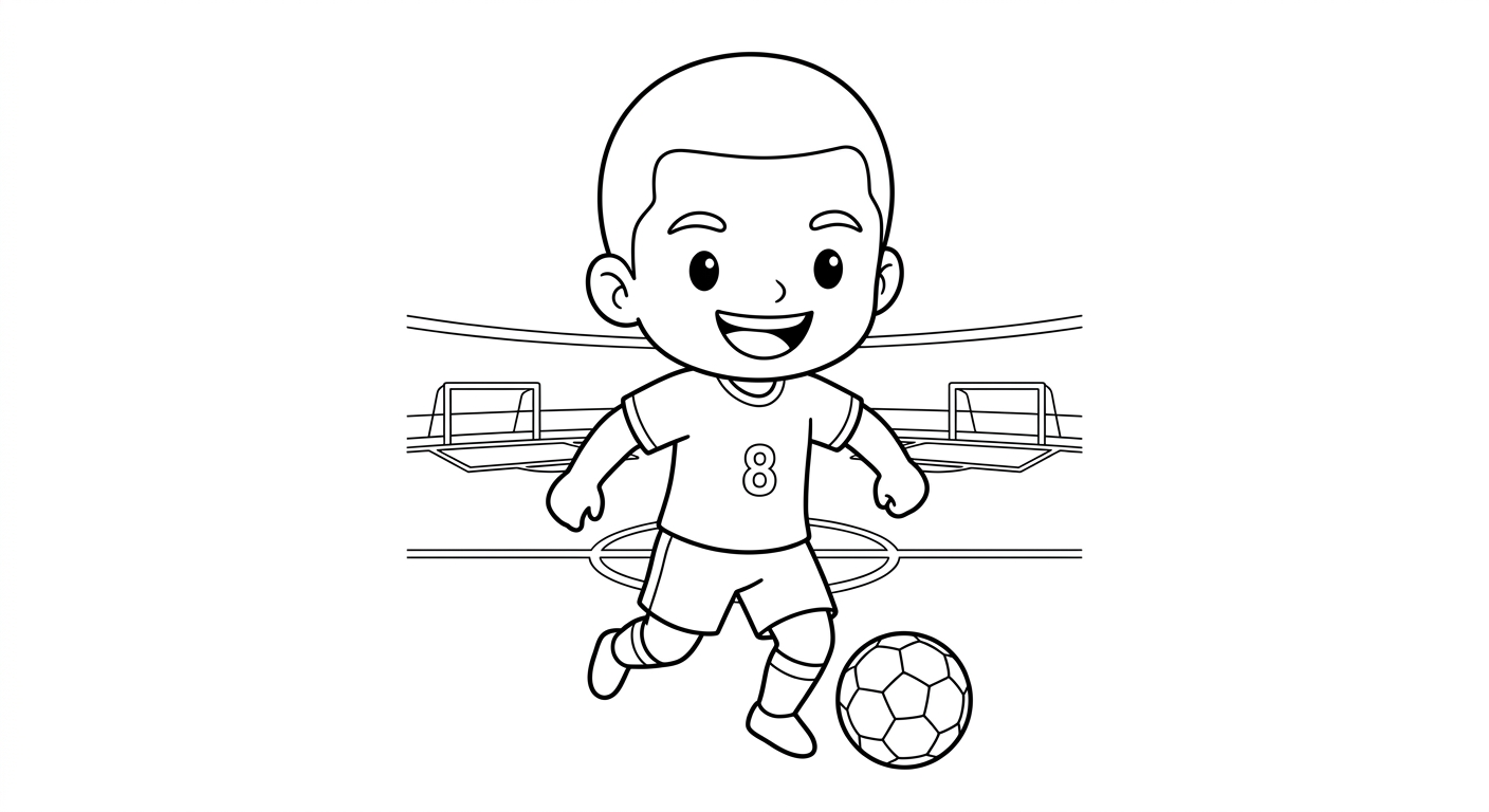 Desenho para colorir do meia Bruno Guimaraes driblando com finta no gramado do estádio para pintar
