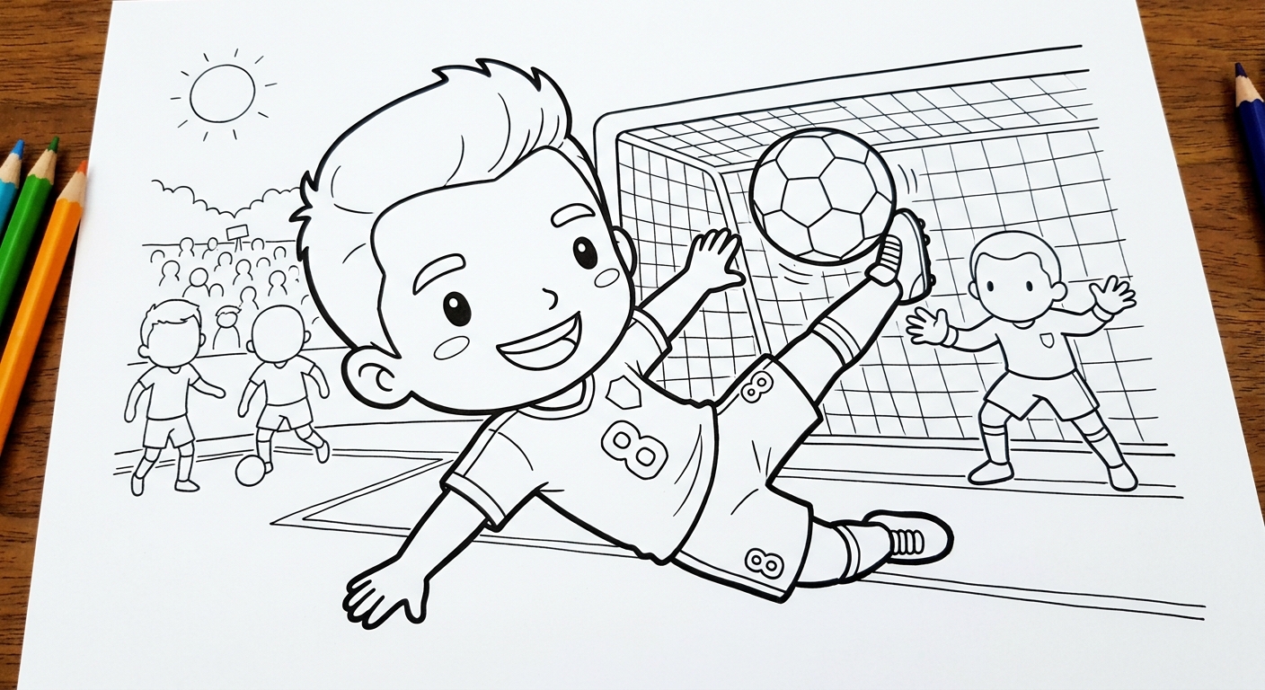 Desenho para colorir do meia Bruno Guimarães em bicicleta acrobática diante do gol para pintar