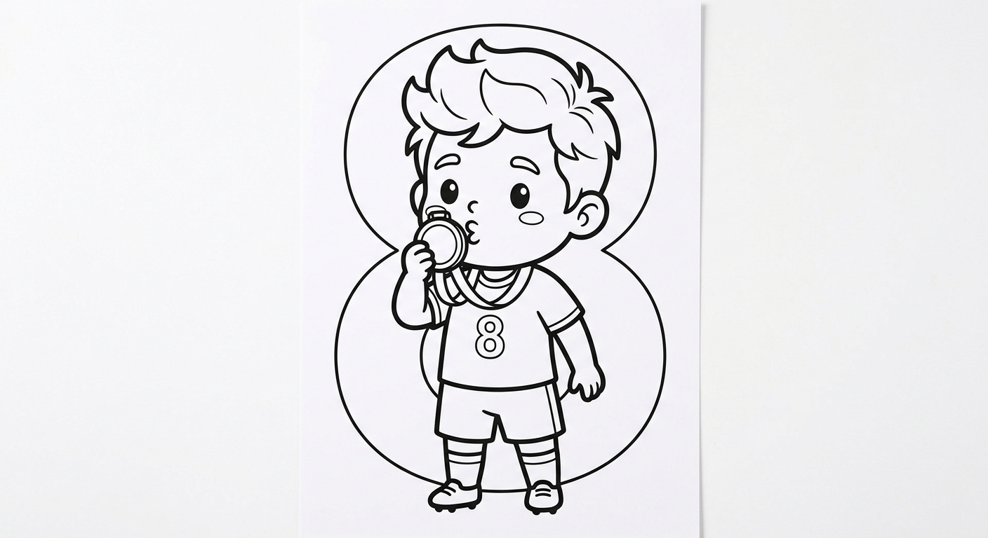 Desenho para colorir do meia Bruno Guimarães beijando medalha com bola, estrelas e número ao fundo para pintar