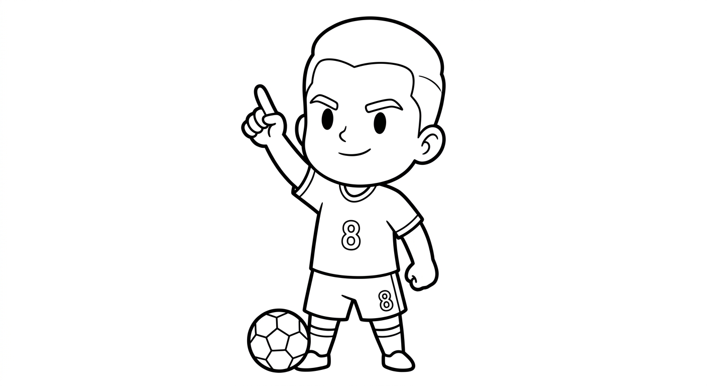 Desenho para colorir do meia Bruno Guimarães apontando para o céu em pose heroica vista de baixo para pintar