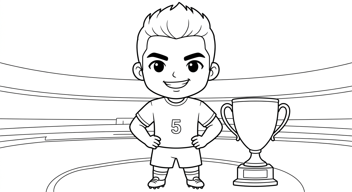 Desenho para colorir do volante Casemiro em busto comemorando com troféu da Copa ao lado para pintar