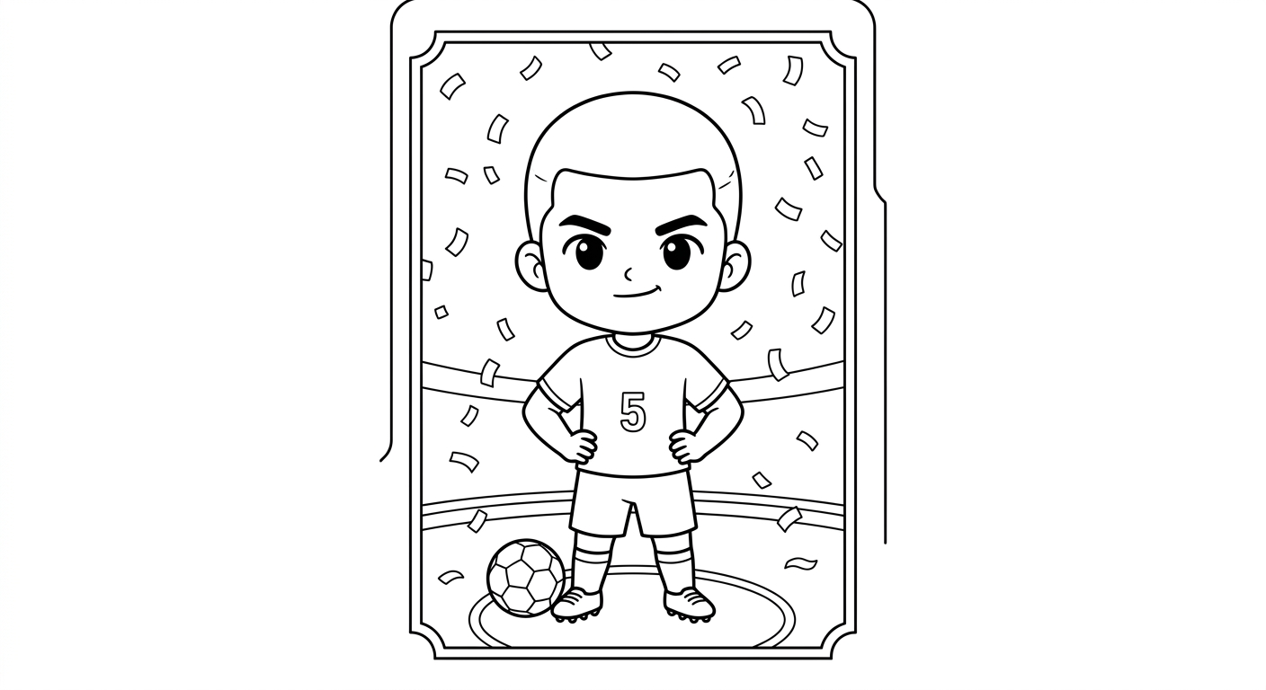 Desenho para colorir do volante Casemiro em card de apresentação oficial comemorando sob chuva de confete para pintar
