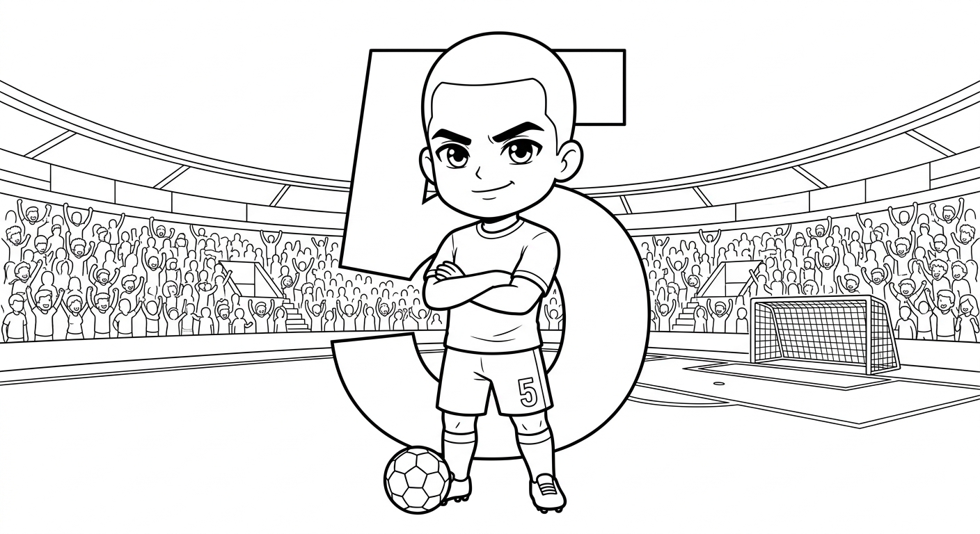 Desenho para colorir do volante Casemiro de braços cruzados no estádio lotado, com número ao fundo para imprimir