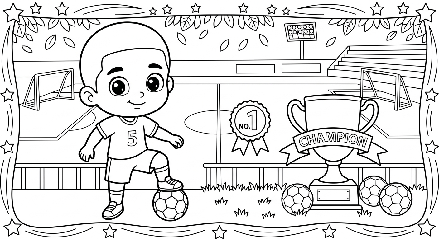 Desenho para colorir do volante Casemiro saltando com bola sob o pé e troféu ao lado para pintar