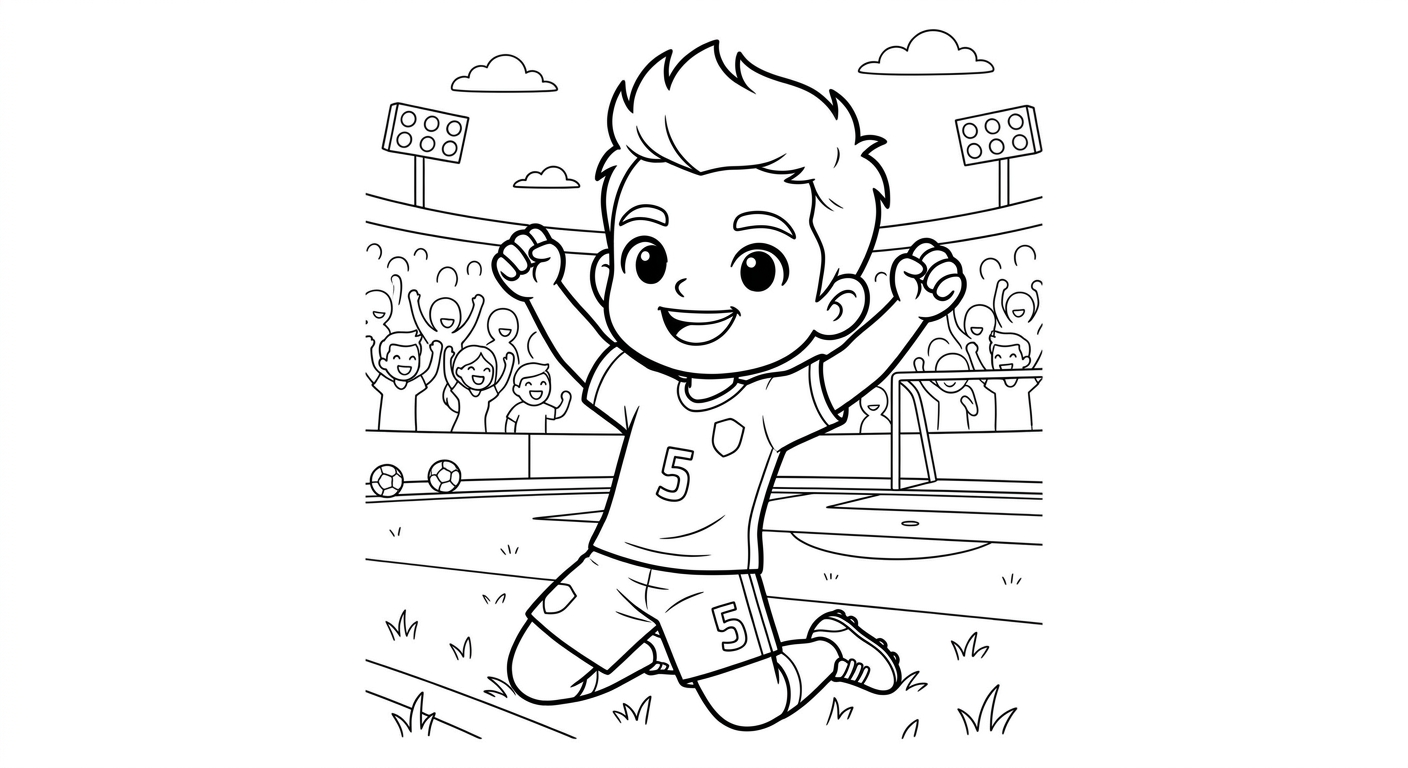 Desenho para colorir do volante Casemiro comemorando gol deslizando de joelhos no gramado do estádio para pintar