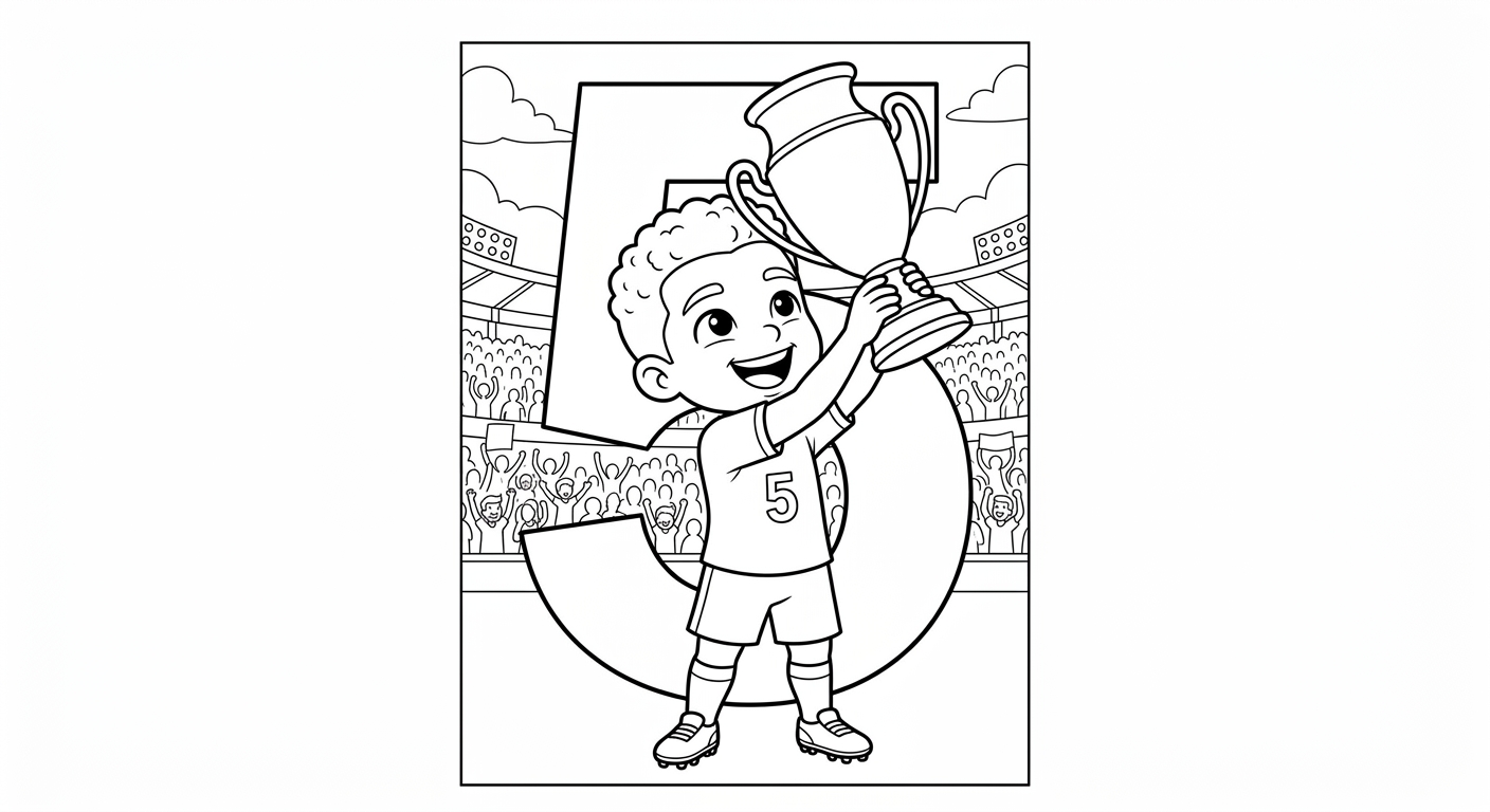 Desenho para colorir do volante Casemiro erguendo troféu no estádio lotado, número ao fundo para imprimir