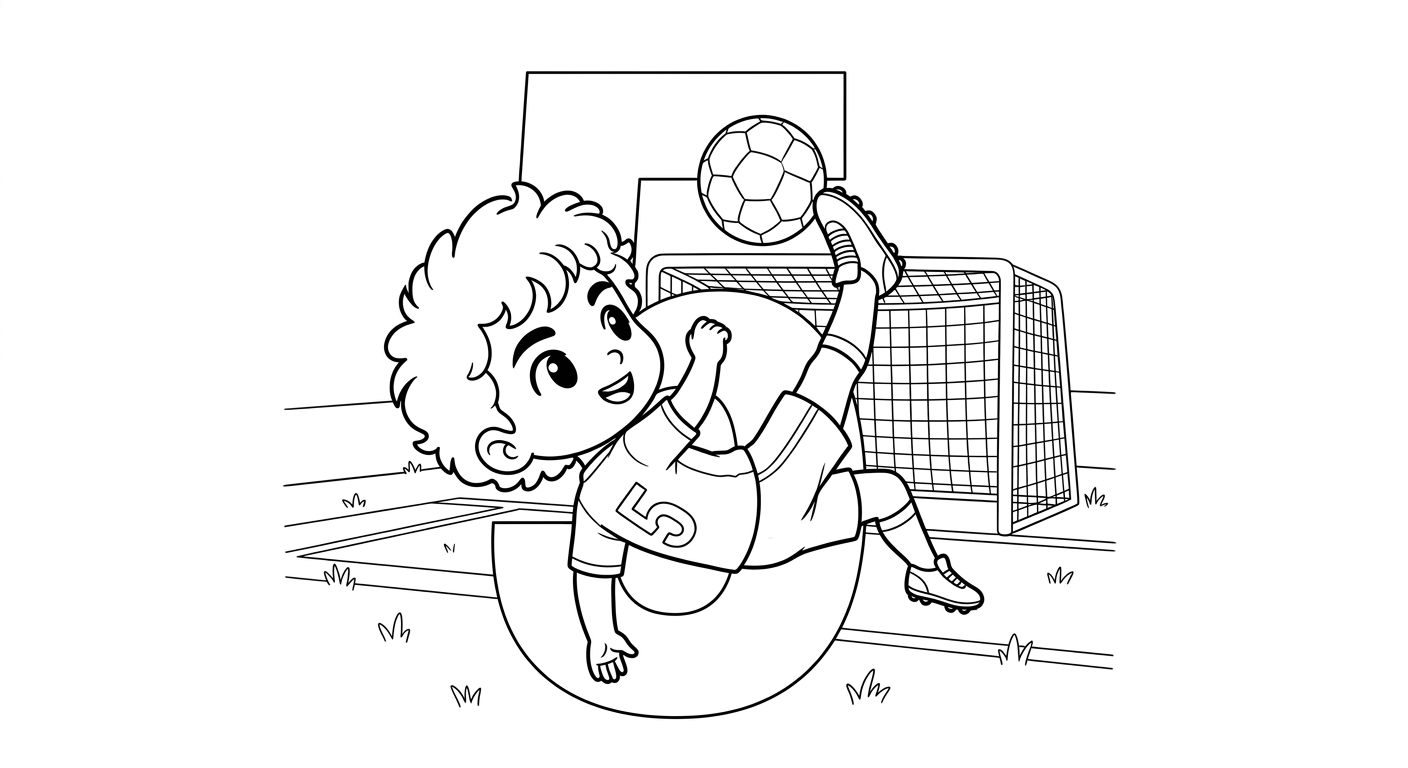 Desenho para colorir do volante Casemiro em bicicleta diante do gol, número grande ao fundo, para pintar