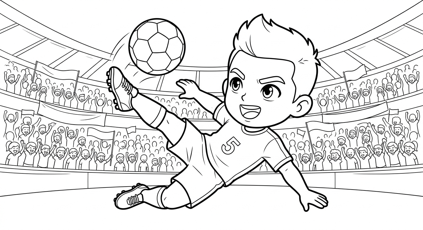 Desenho para colorir do volante Casemiro em bicicleta acrobática, visto de baixo no estádio lotado, para pintar