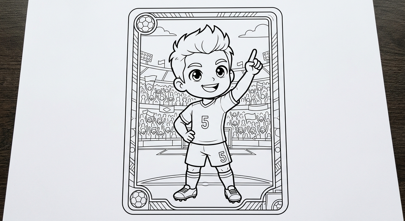 Desenho para colorir do volante Casemiro apontando ao céu em card no estádio lotado para imprimir