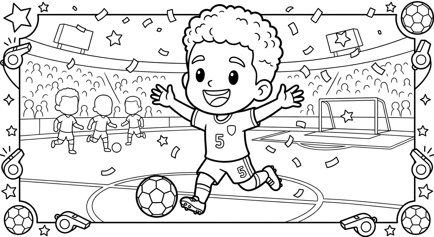Desenho para colorir do volante Casemiro correndo de braços abertos sob chuva de confete para imprimir