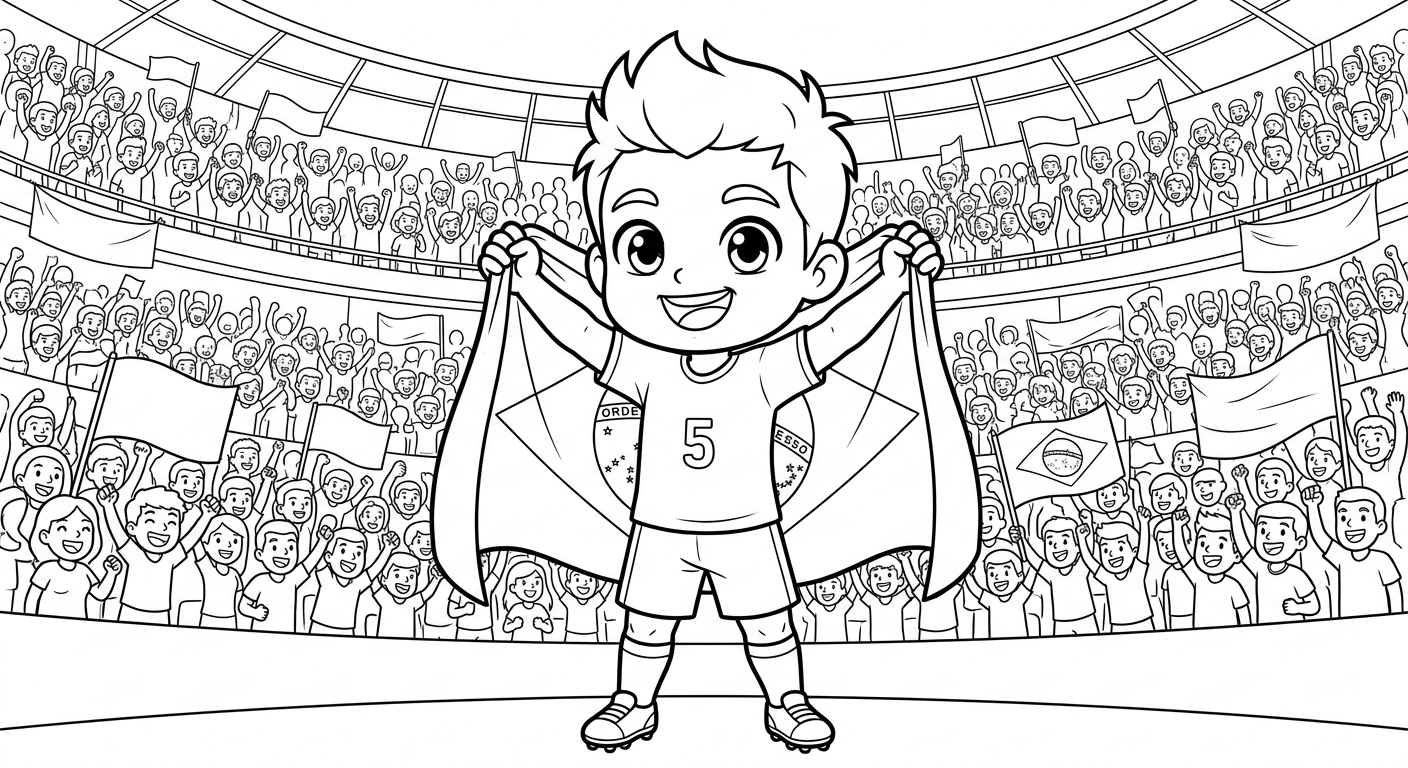 Desenho para colorir do volante Casemiro segurando bandeira brasileira em close no estádio lotado para imprimir