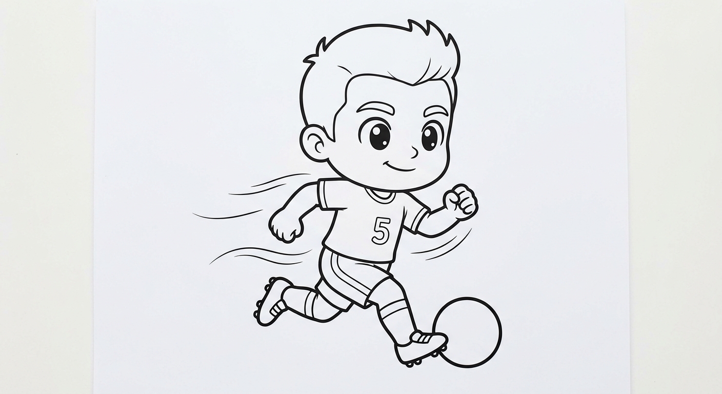 Desenho para colorir do volante Casemiro correndo em disparada com a bola, isolado para pintar