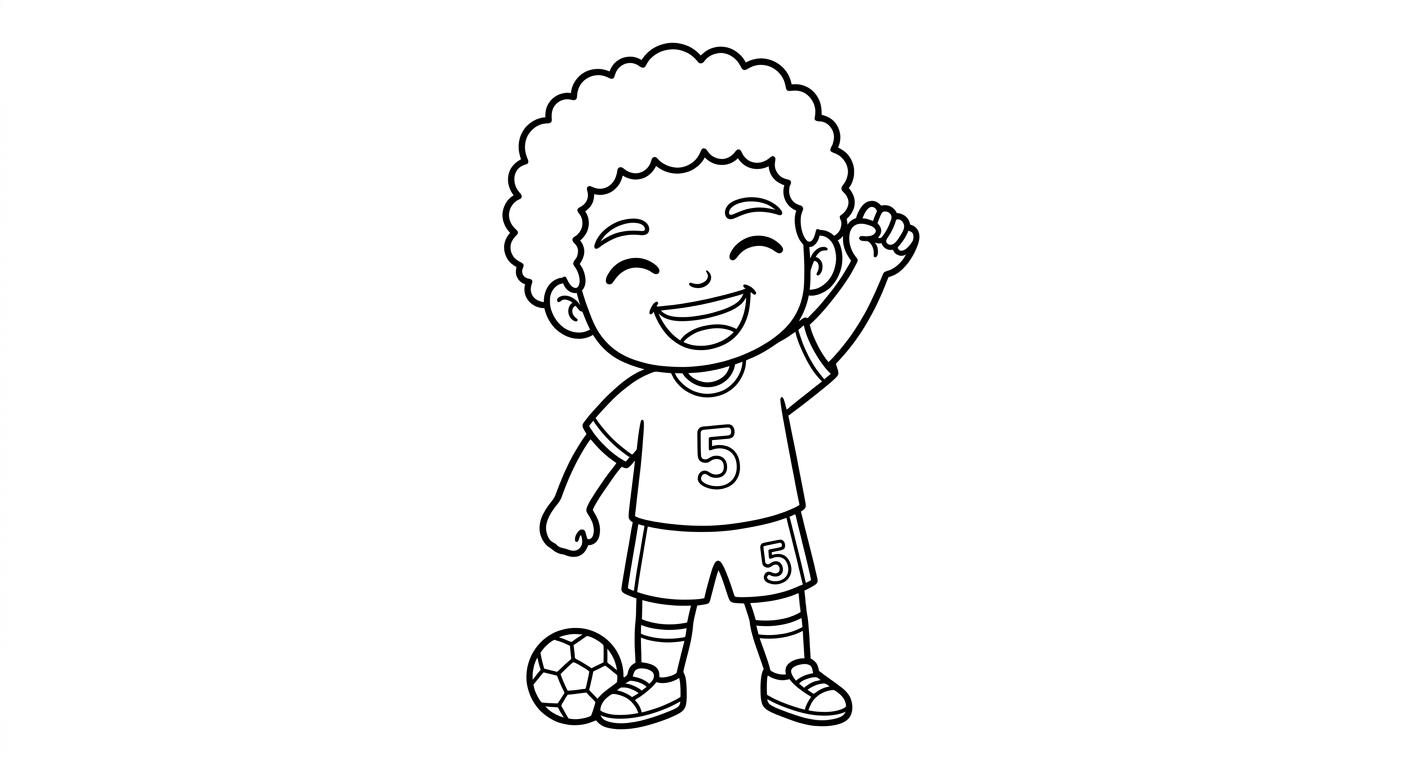 Desenho para colorir do volante Casemiro comemorando com soco no ar, com bola e estrelas decorativas para imprimir