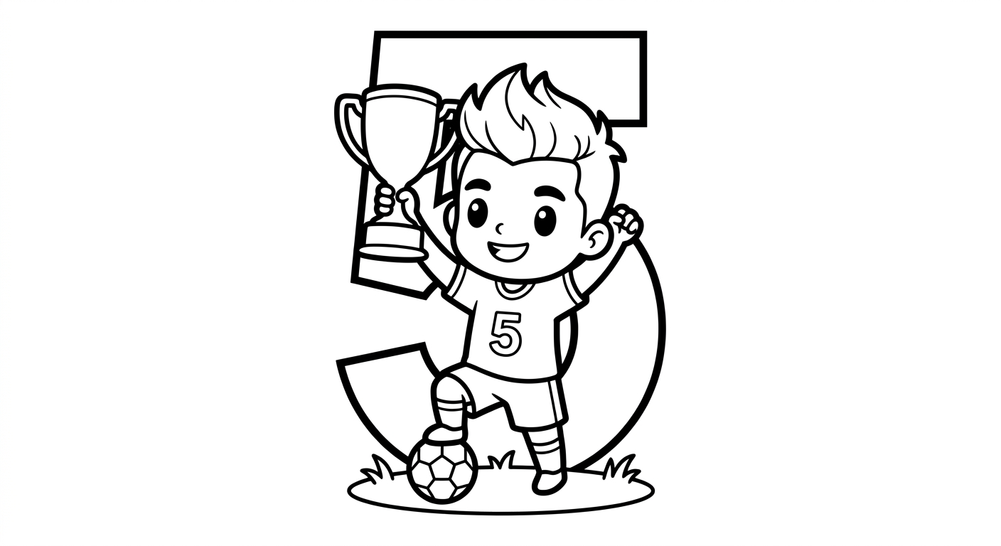 Desenho para colorir do volante Casemiro ergue troféu com bola, estrelas e número grande ao fundo para pintar