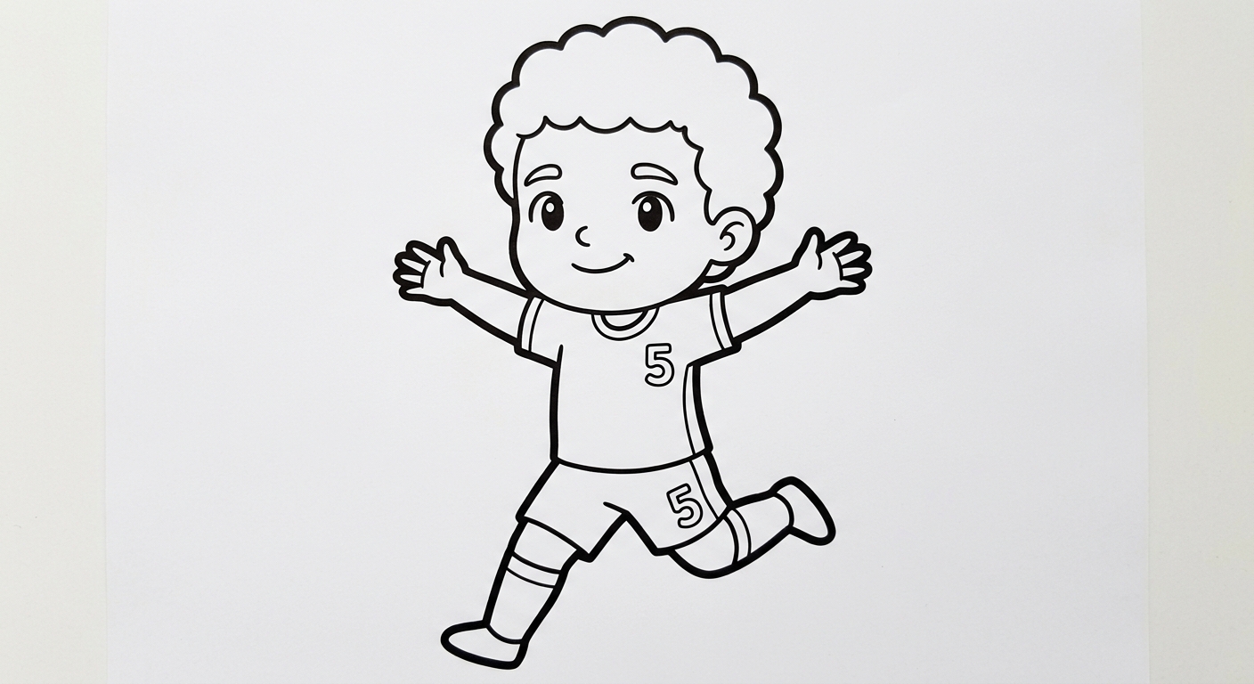 Desenho para colorir do volante Casemiro correndo de braços abertos com bola e estrelas decorativas