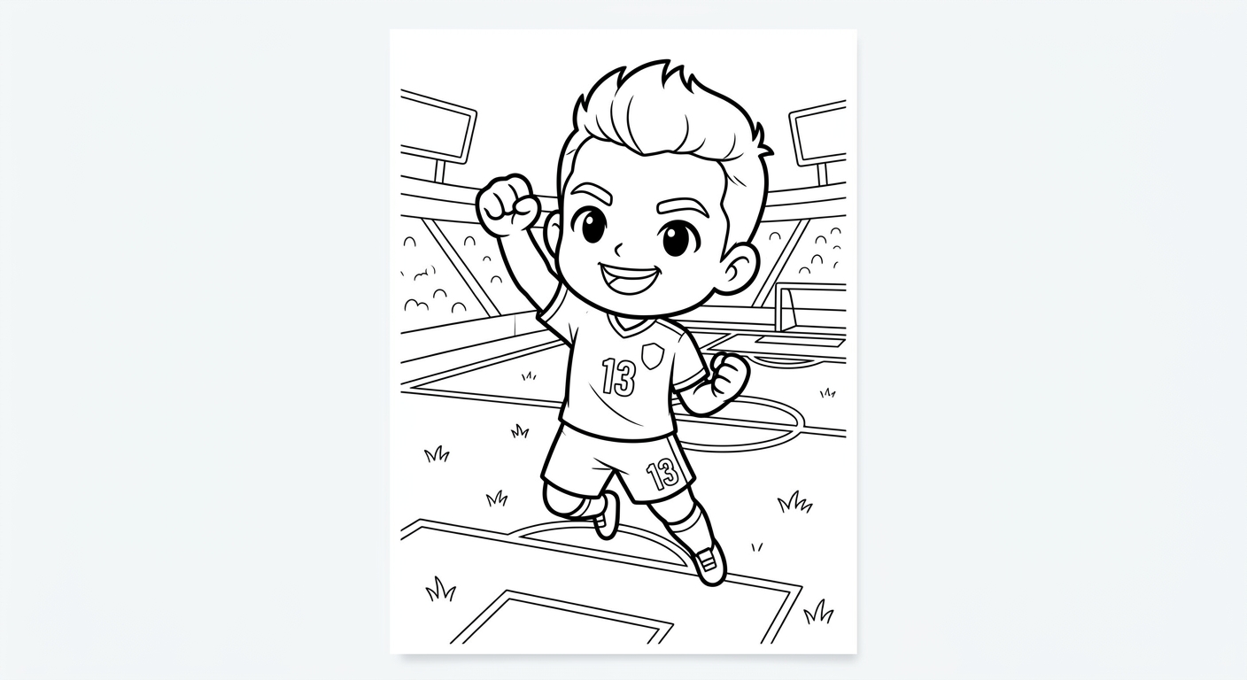 Desenho para colorir do lateral Danilo saltando no gramado do estádio com soco no ar para imprimir