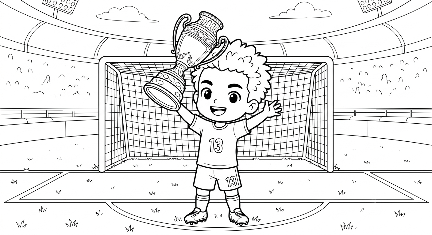 Desenho para colorir do lateral Danilo erguendo o troféu em frente ao gol para pintar
