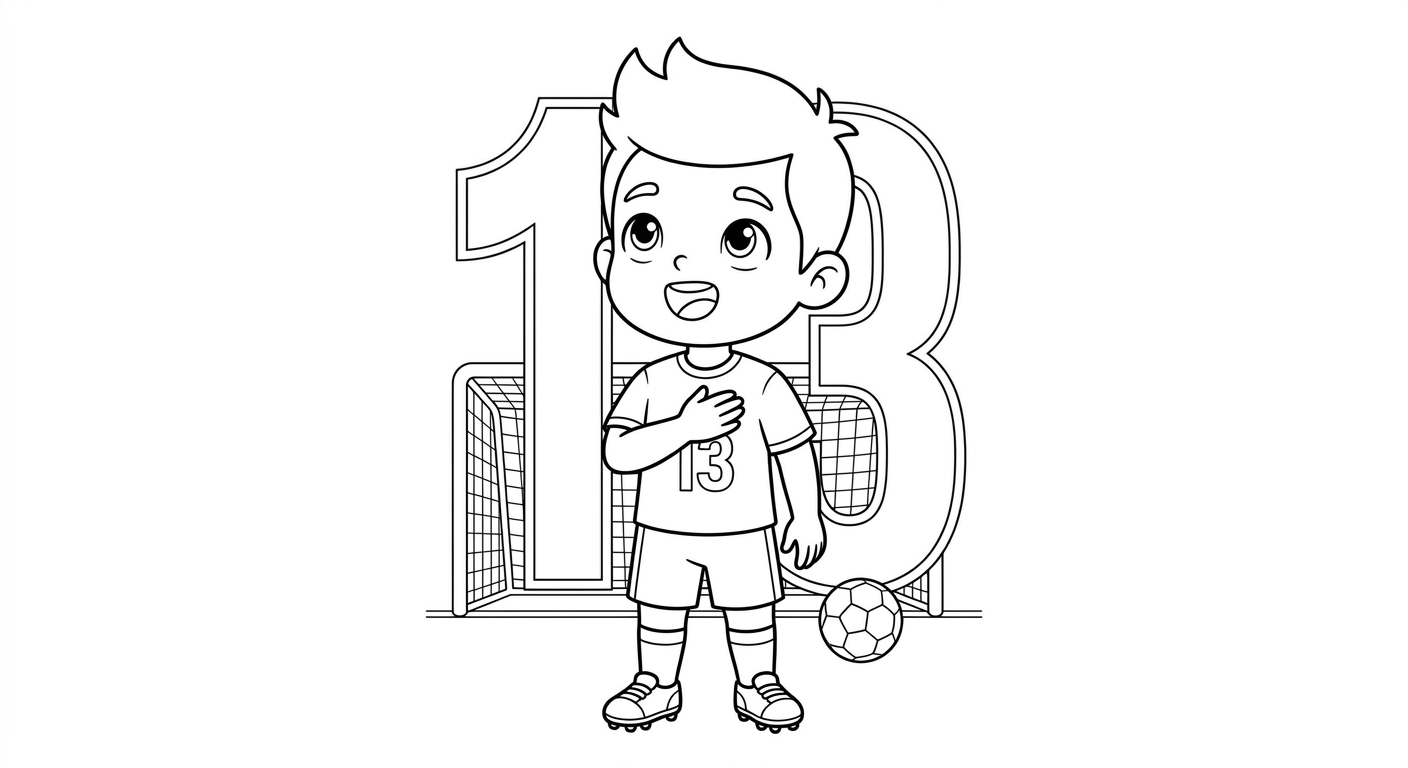 Desenho para colorir do lateral Danilo cantando hino, mão no peito, diante do gol para pintar
