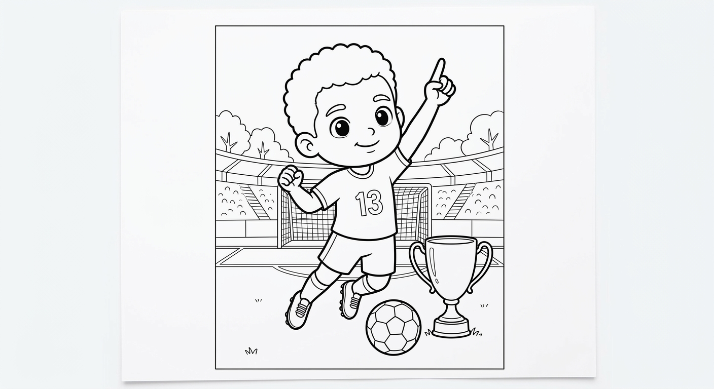 Desenho para colorir do lateral Danilo apontando para o céu no salto com troféu ao lado para pintar