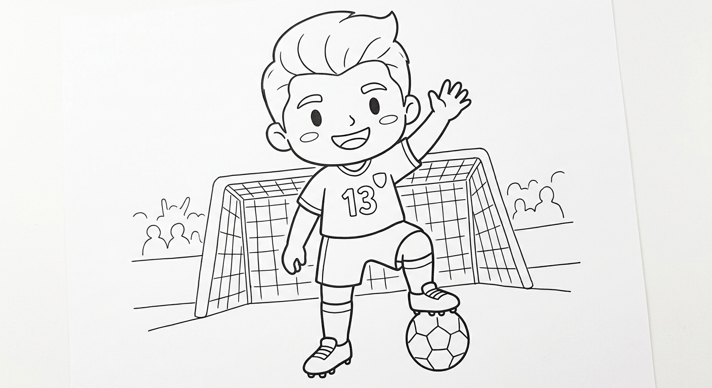 Desenho para colorir do lateral Danilo acenando à torcida diante do gol visto de baixo para pintar