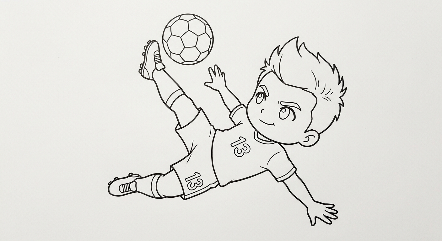 Desenho para colorir do lateral Danilo fazendo bicicleta acrobática em pose heroica vista de baixo para pintar