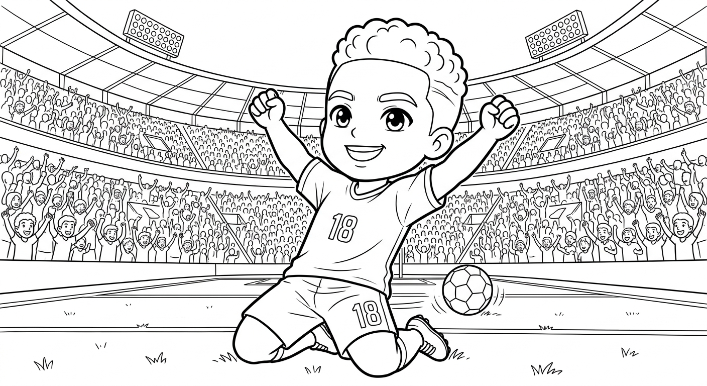 Desenho para colorir do lateral Danilo deslizando de joelhos em pose heroica no estádio lotado para pintar