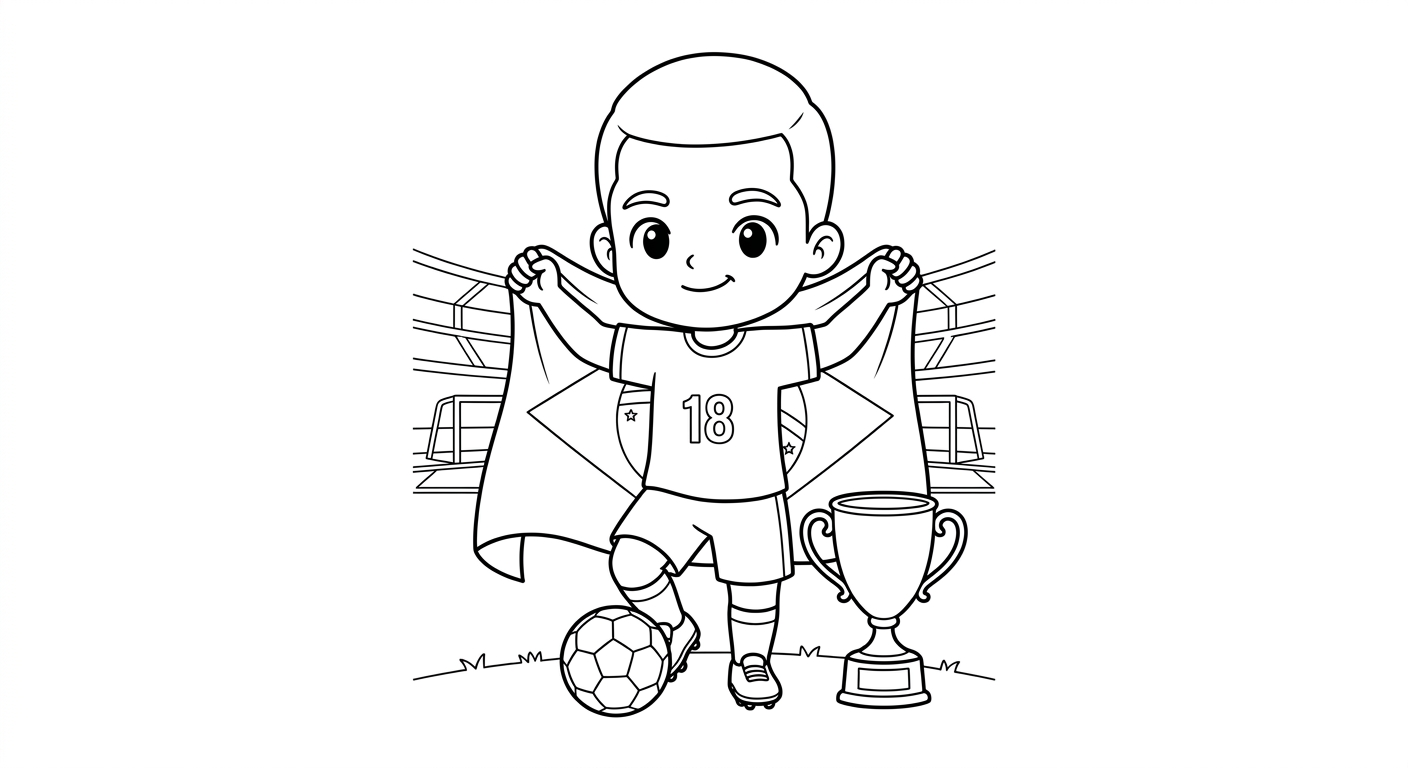 Desenho para colorir do lateral Danilo segurando bandeira brasileira com troféu da Copa ao lado para pintar