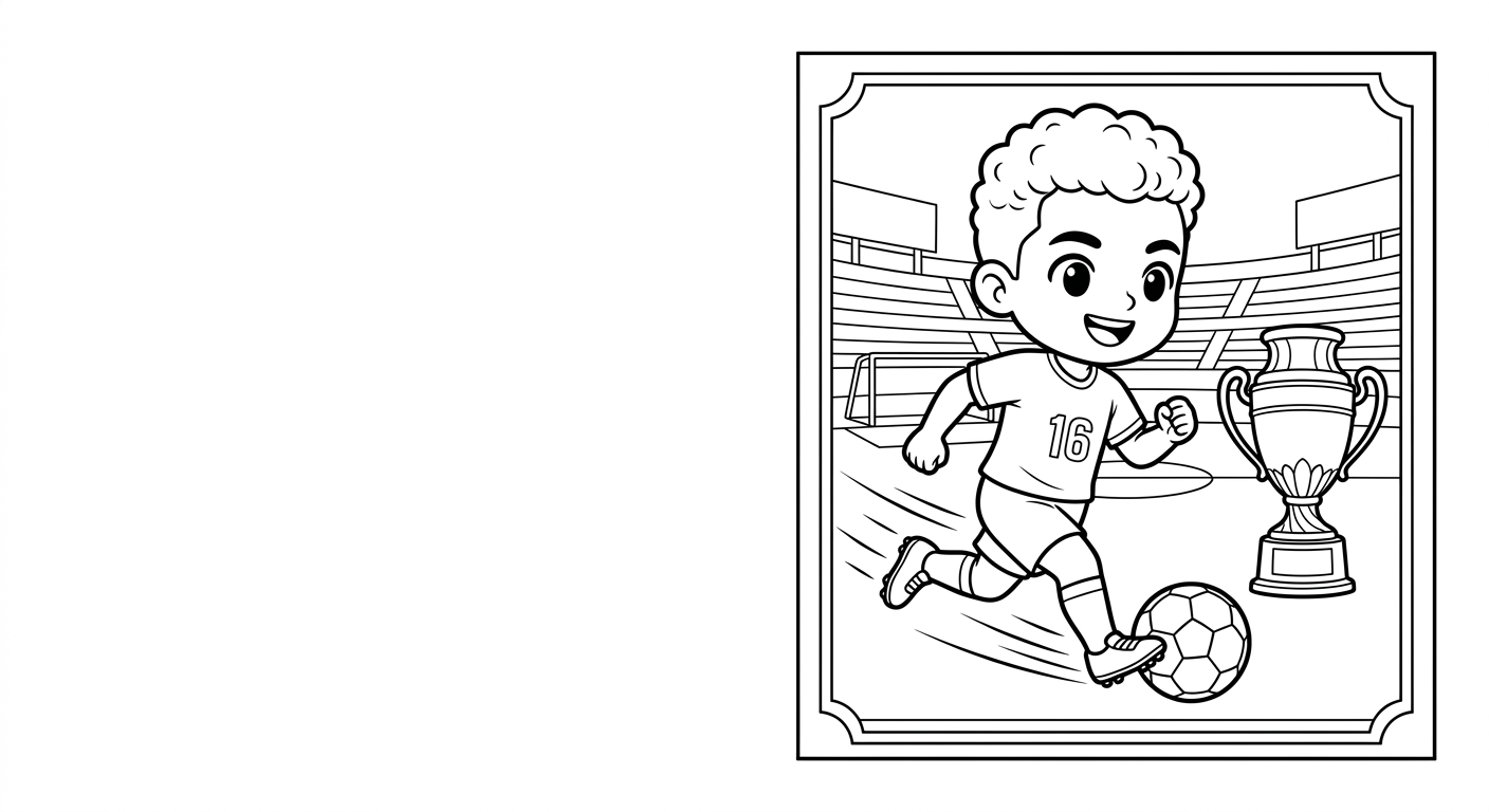 Desenho para colorir do lateral Douglas Santos disparando com a bola, troféu ao lado, para pintar