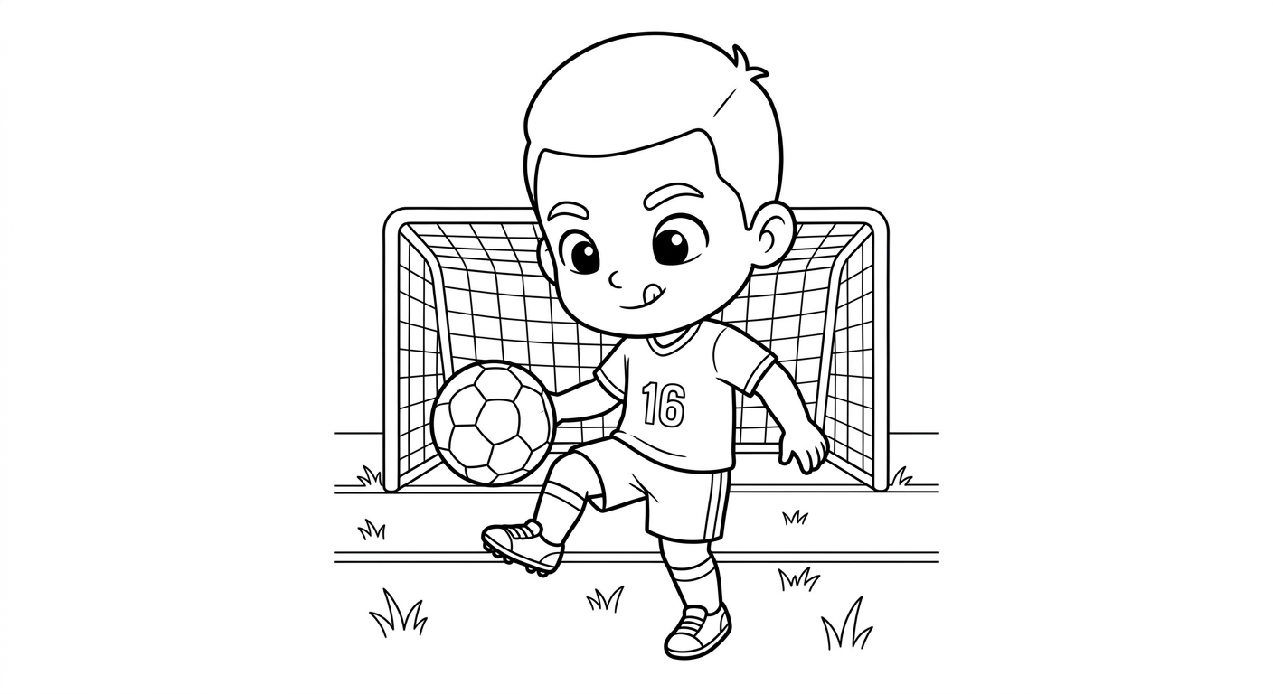 Desenho para colorir do lateral Douglas Santos fazendo embaixadinhas em frente ao gol em card colecionável para imprimir