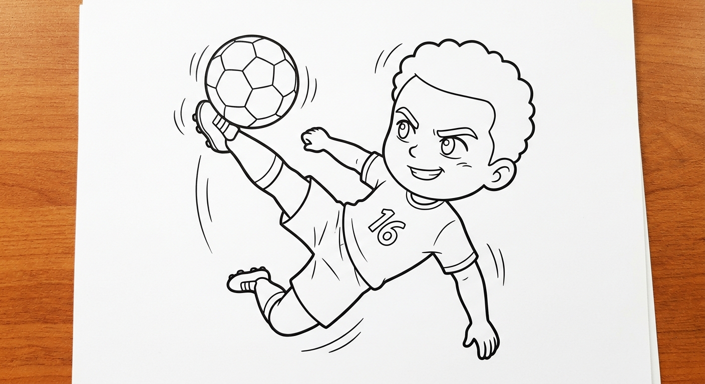 Desenho para colorir do lateral Douglas Santos fazendo bicicleta acrobática heroica vista de baixo para pintar