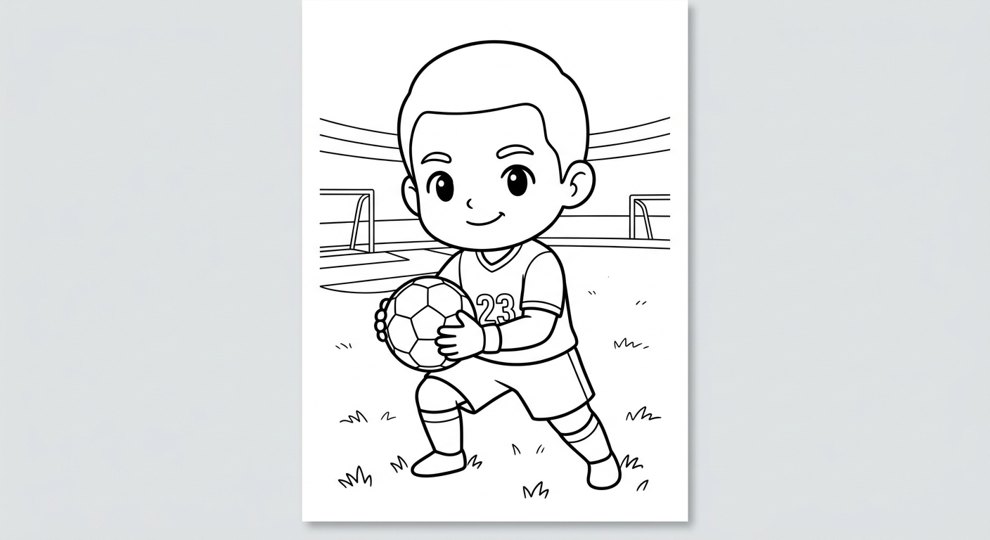Desenho para colorir do goleiro Ederson segurando firme a bola no peito, em pose heroica no estádio