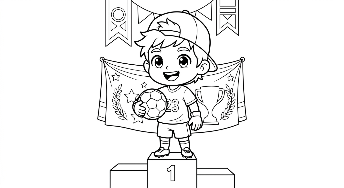 Desenho para colorir do goleiro Ederson segurando a bola no peito no pódio de premiação para pintar