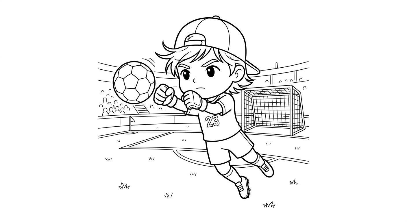 Desenho para colorir do goleiro Ederson socando a bola longe em salto no gramado do estádio para imprimir