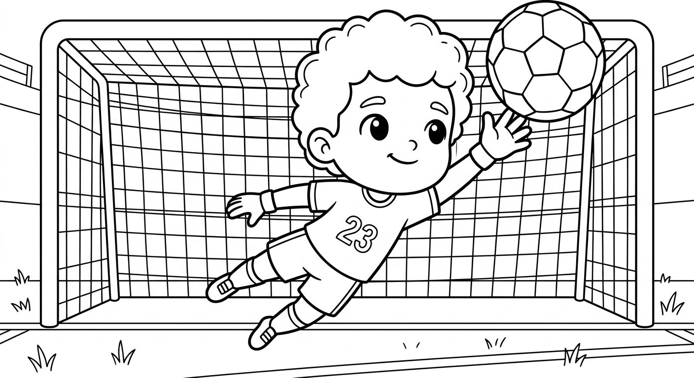 Desenho para colorir do goleiro Ederson saltando ao canto superior diante do gol para pintar
